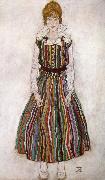 Egon Schiele Portrait of Edith Schiele in a Striped Dress oil on canvas